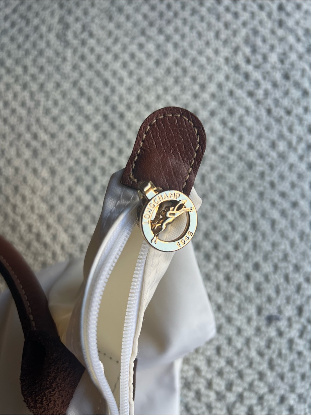 Longchamp Small White/ Cream Le Pliage Tote with Brown Leather Trim - Picture 4 of 9